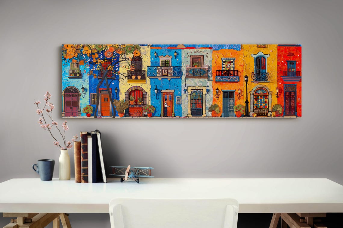 Colorful Old Town Mexican Facades Mosaic Panoramic Art Poster - Image 3