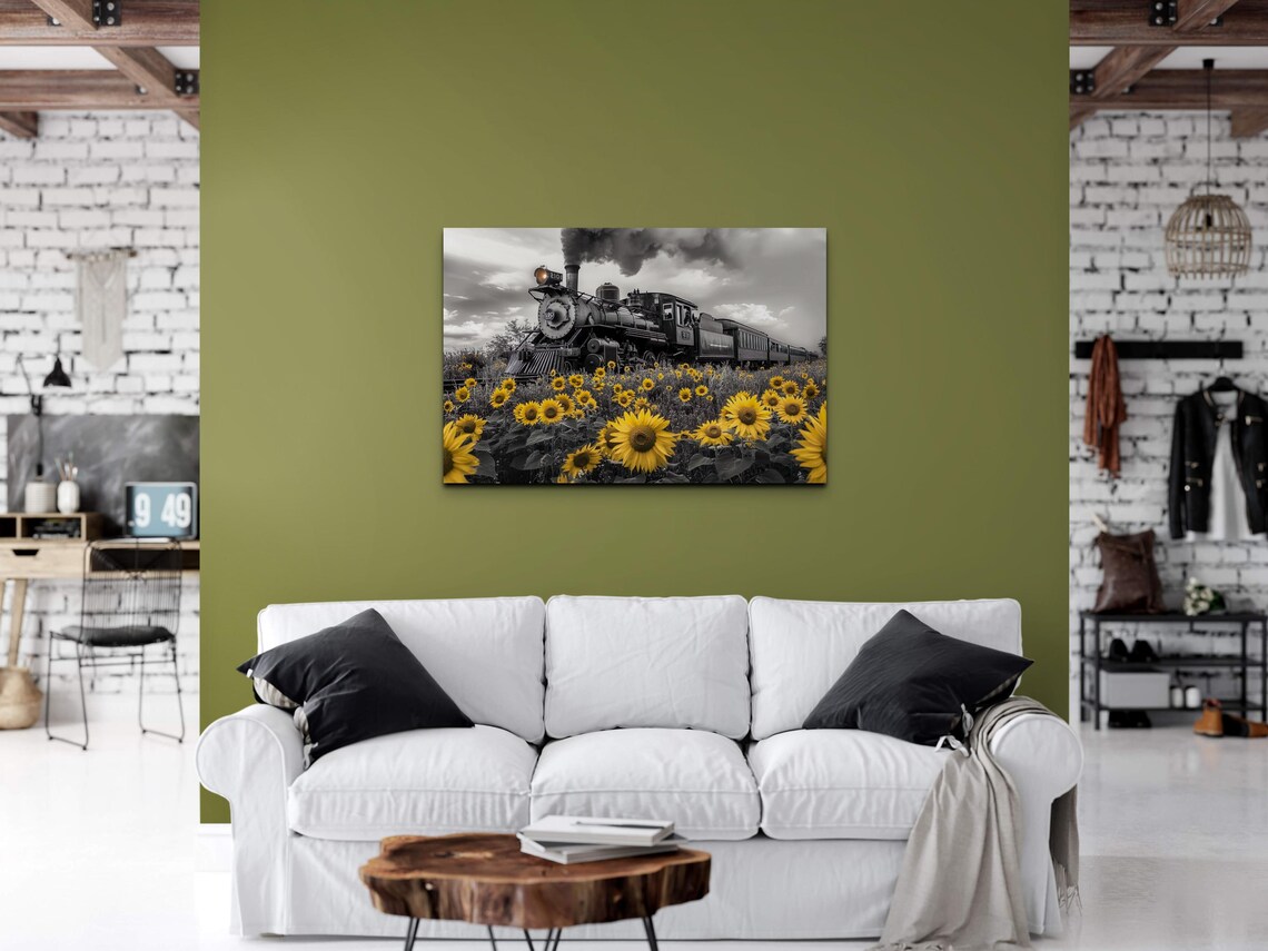 Steam Locomotive Passing Sunflower Field Vintage Photo Art Poster - Image 3