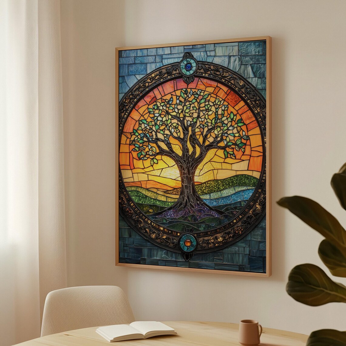 Stained Glass Tree Of Life In Ornate Round Frame Sunset Poster - Image 3