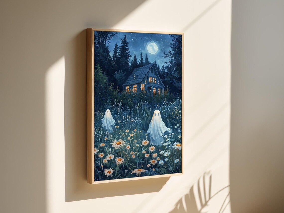 Spooky Ghosts Moonlit Meadow Wildflower Night Haunted House Print - Image 2