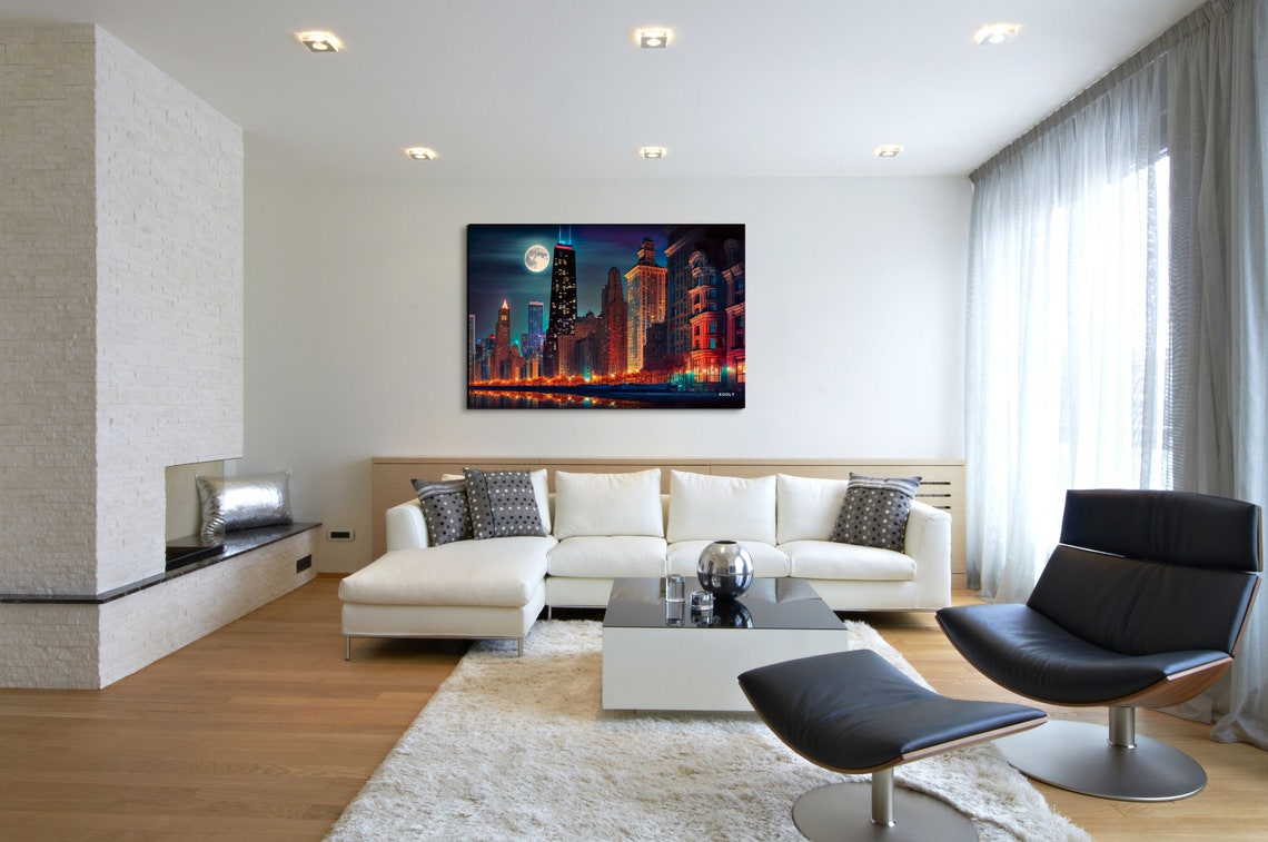 Chicago Downtown Skyline Full Moon Night Lights Cityscape Poster - Image 3