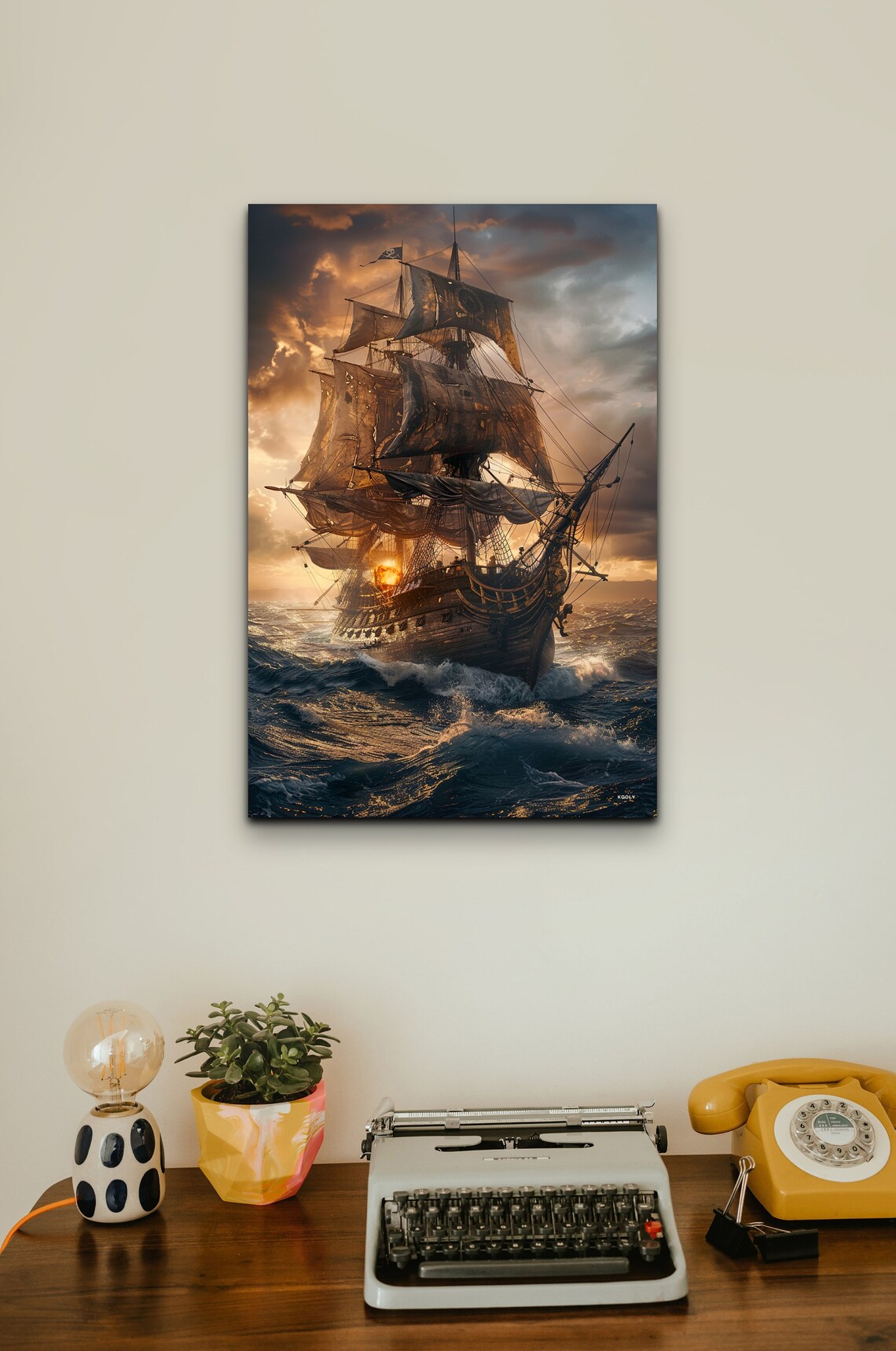 Tall Pirate Ship on Stormy Sea at Golden Sunset Sky Wall Art - Image 4