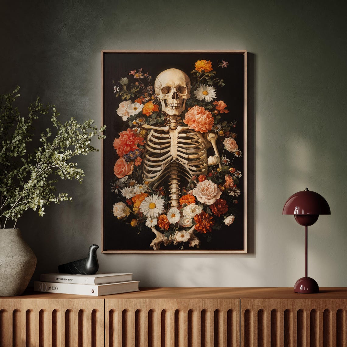 Skeleton With Vibrant Floral Bouquet Gothic Dark Botanical Wall Art - Image 2