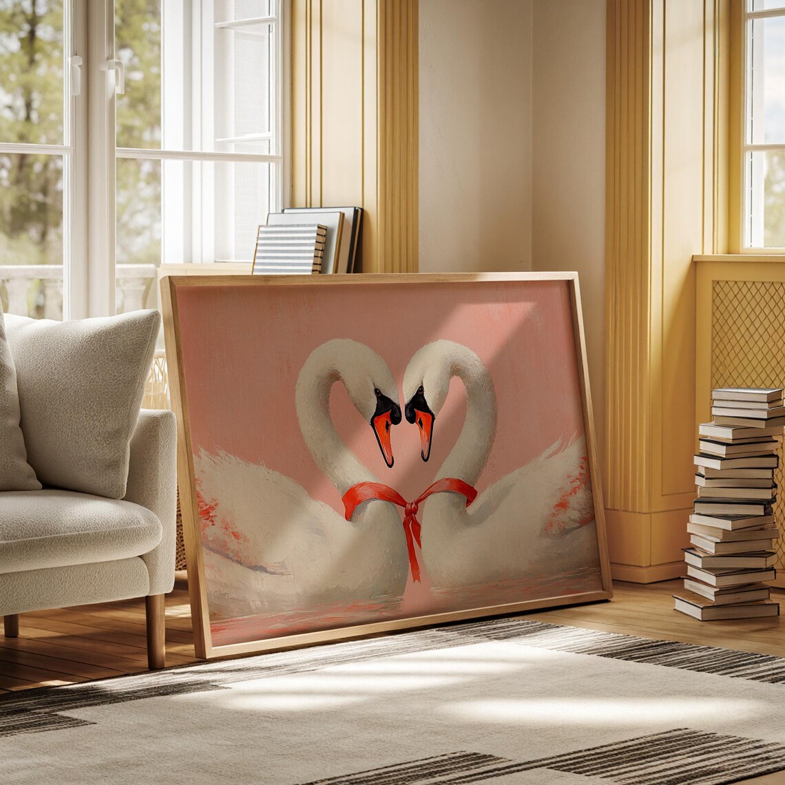White Swans Forming Heart With Red Ribbon Romantic Painting Poster - Image 3