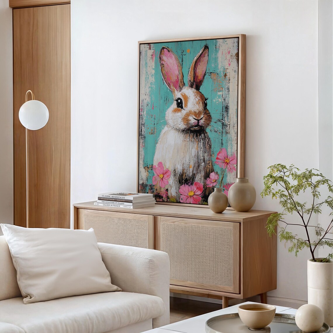 Whimsical Bunny Portrait With Pink Flowers on Teal Background Poster - Image 3