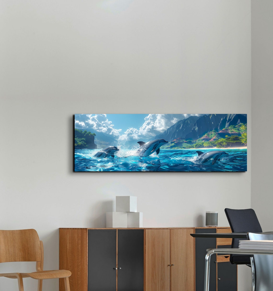 Dolphins Leaping in Turquoise Water Beside a Mountain Coast Poster - Image 4