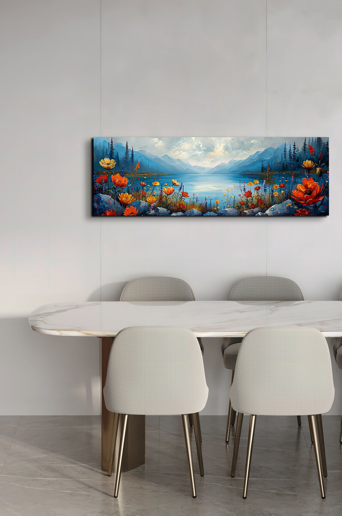 Bold Red Flowers by a Blue Mountain Lake in Acrylic Style Poster - Image 4