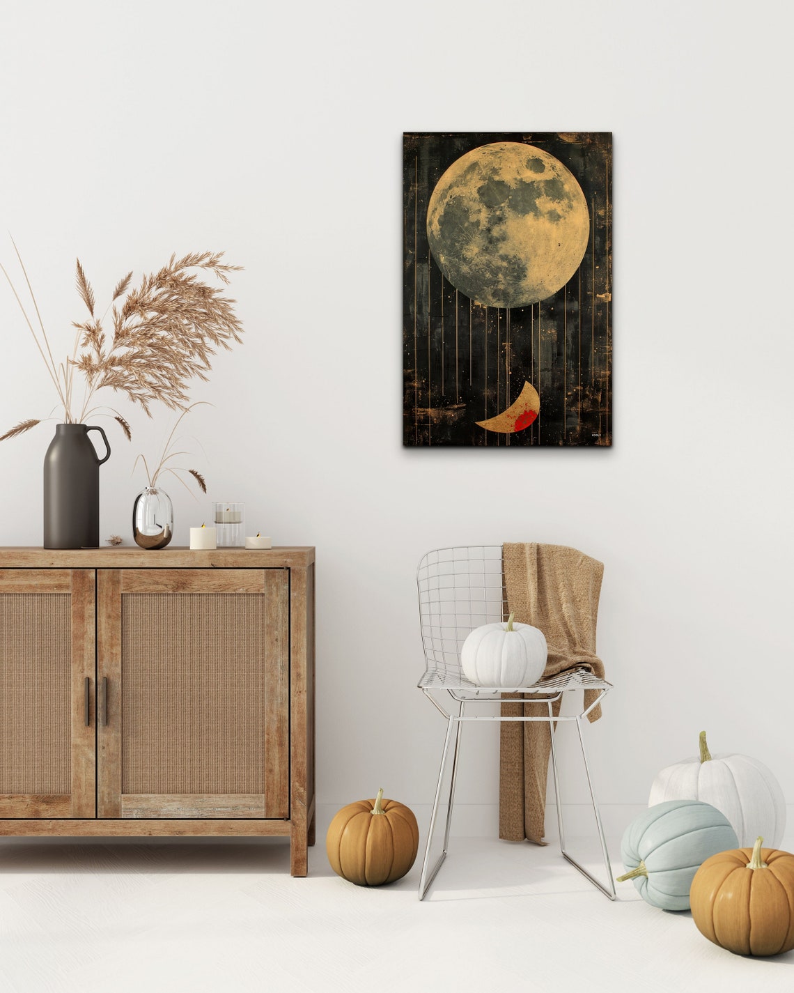 Golden Full Moon and Crescent Mid Century Modern Night Poster - Image 5