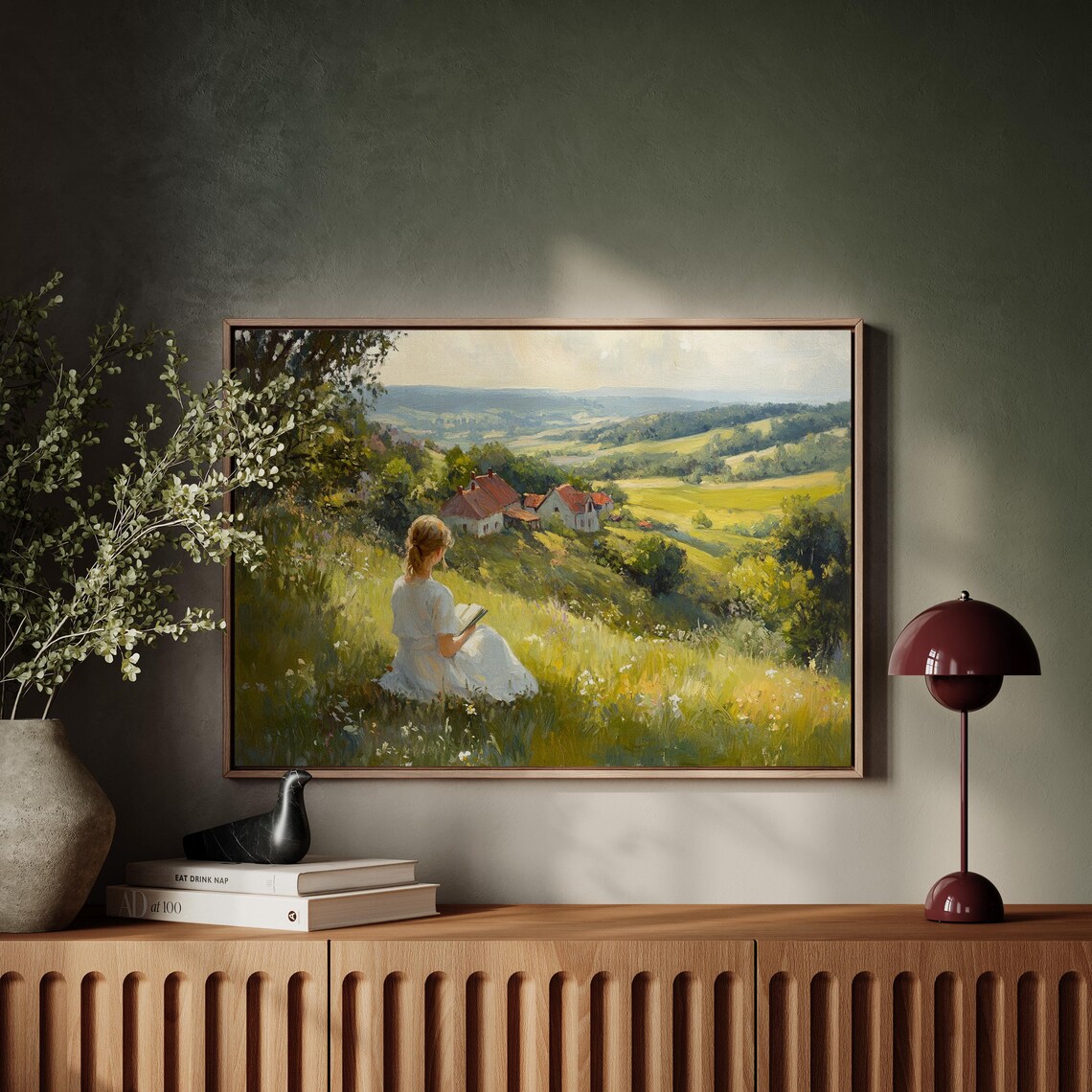 Cottagecore Girl Reading, Peaceful Field Landscape - Image 4