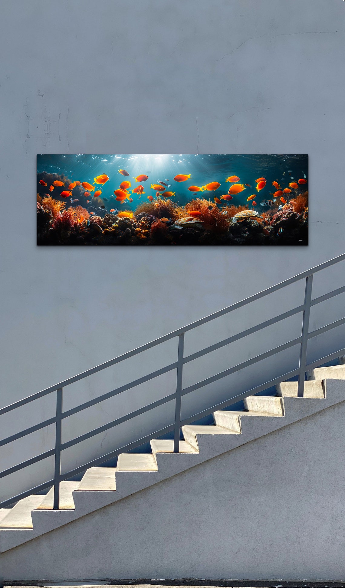 Orange Fish School Sea Turtle Coral Reef Underwater Panorama Wall Art - Image 3