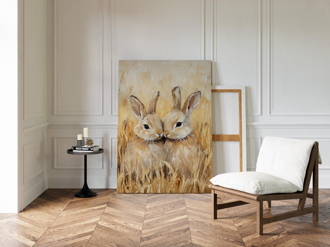 Two Bunnies Nose to Nose in Golden Wheat Field Sweet Painting Wall Art - Image 4