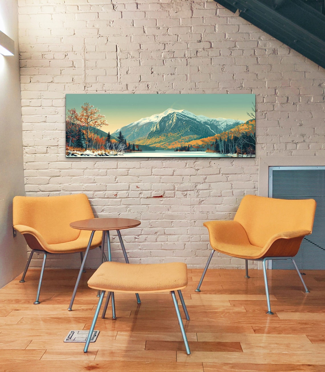 Snowy Mountain Peak Over Calm Lake Autumn Forest Panorama Wall Art - Image 5