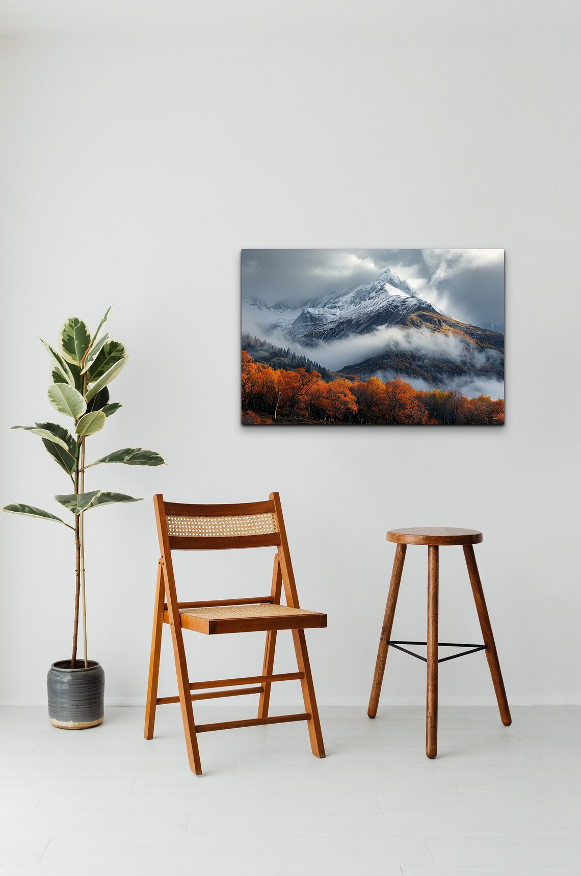 Snowcapped Mountain Peak Mist Autumn Orange Trees Landscape Wall Art - Image 4