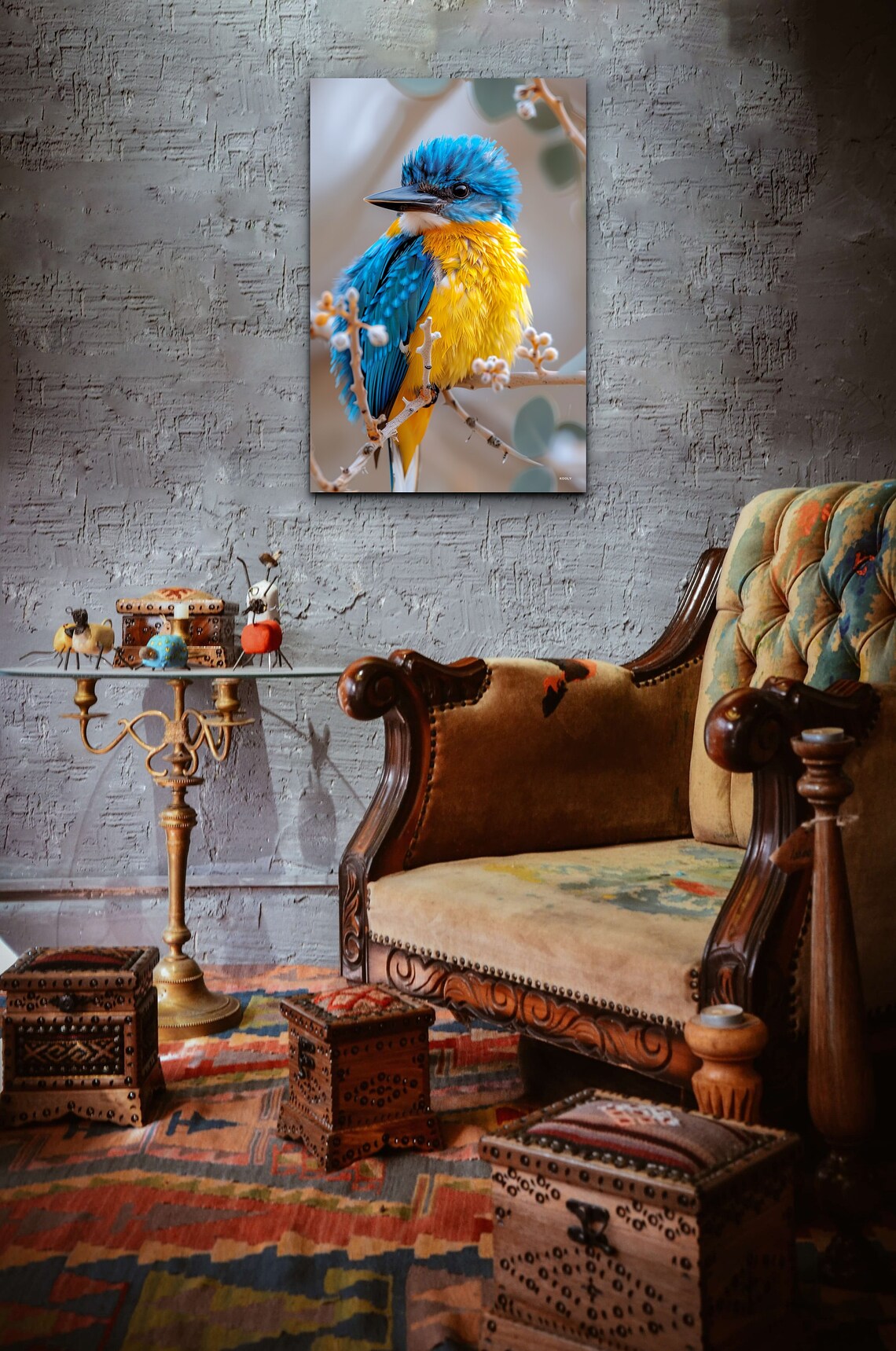 Malachite Kingfisher On Branch Vibrant Blue Yellow Bird Photo Wall Art - Image 5