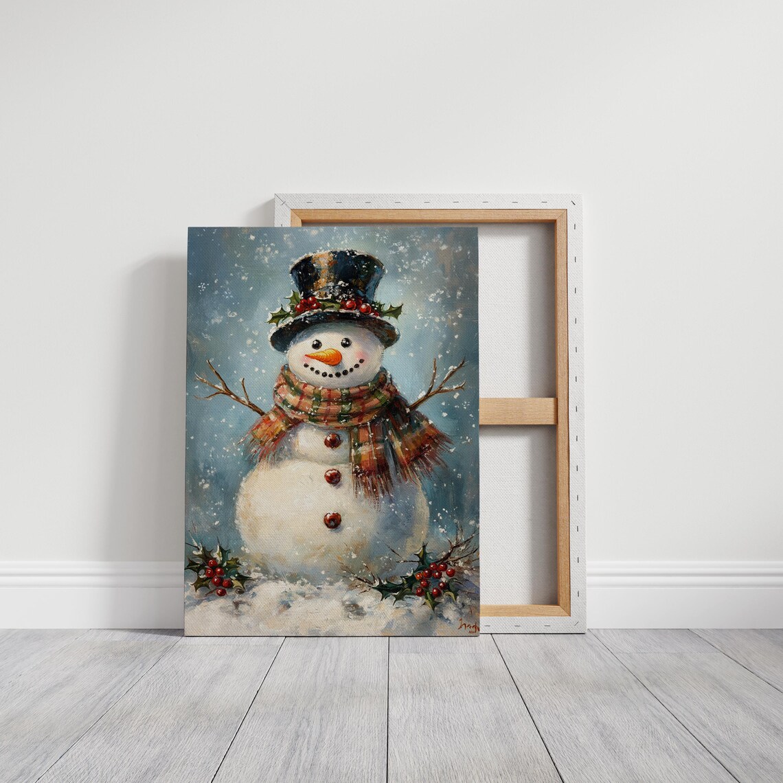 Cheerful Snowman With Top Hat Holly and Scarf Christmas Art Print - Image 3