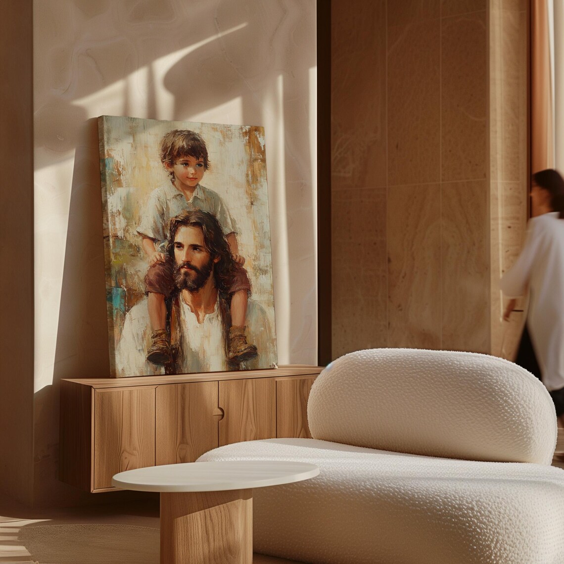 Boy Sitting on the Shoulders of Jesus in a Warm Portrait Poster - Image 7