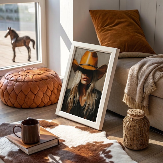 Mysterious Cowgirl Portrait Golden Hat Shadow Western Art Poster