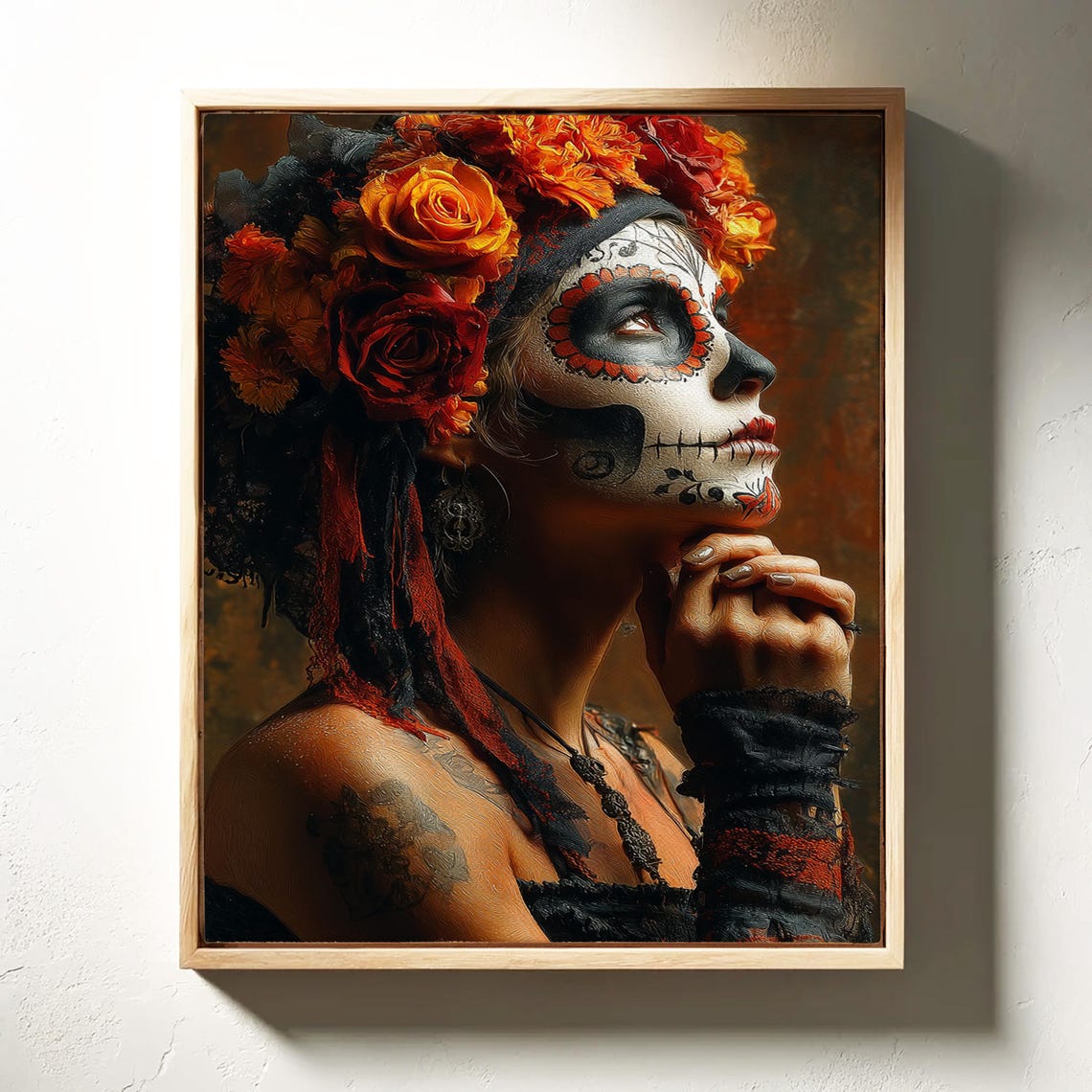 Praying Catrina In Crimson And Gold Sugar Skull Art Portrait Poster