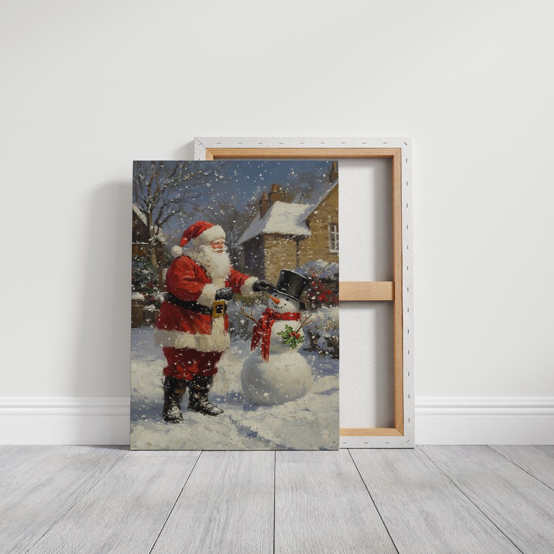 Santa Claus Placing Hat On Snowman Holly Snow Scene Vintage Poster - Image 6