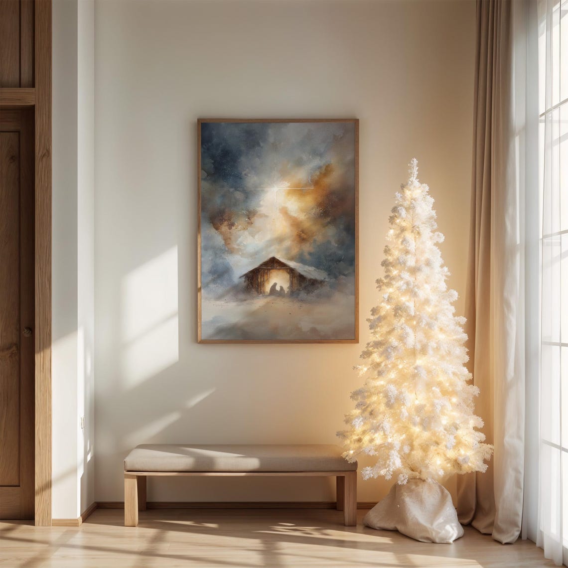 Nativity Scene Under Guiding Star Watercolor Christmas Poster