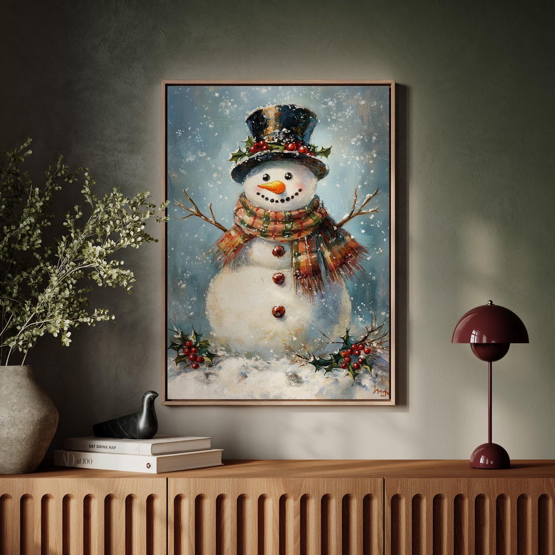 Cheerful Snowman With Top Hat Holly and Scarf Christmas Art Print - Image 5