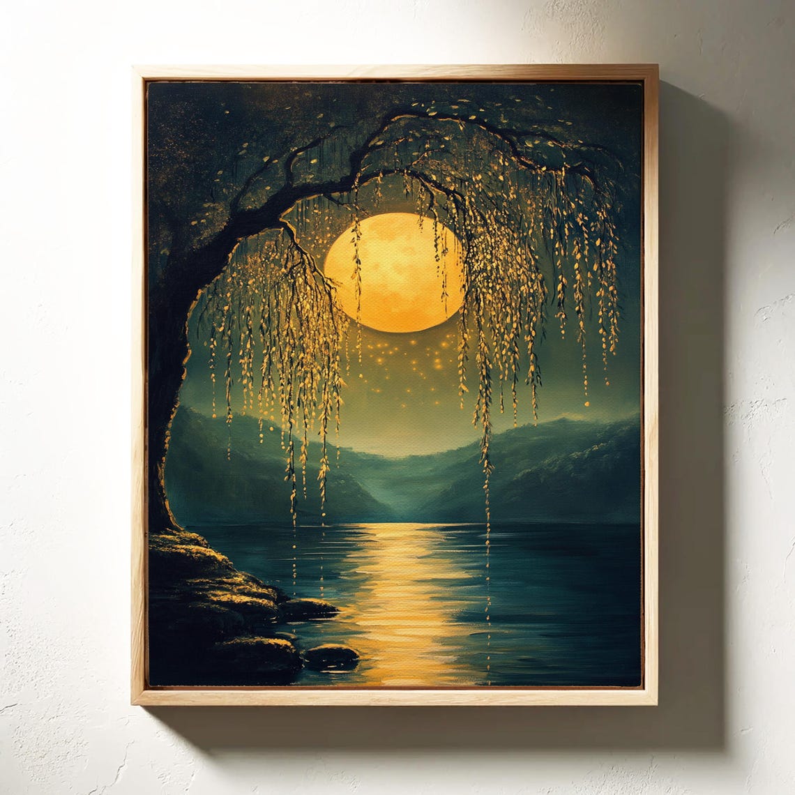 Golden Full Moon Behind Willow Tree Over Quiet Lake Night Poster - Image 3