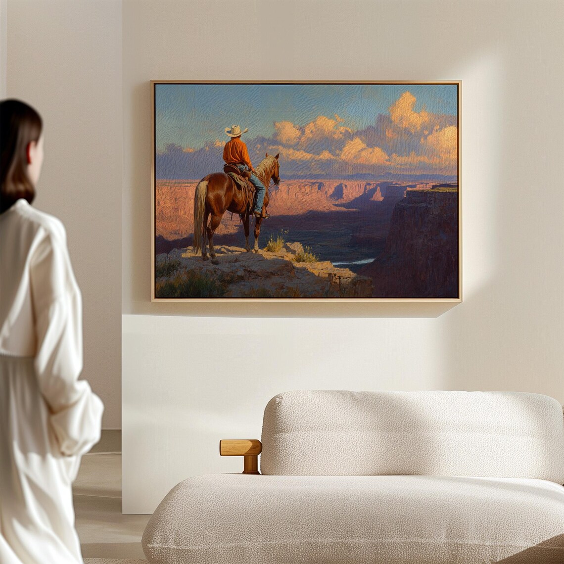 Cowboy on Horse Overlooking Sunset Canyon Western Landscape Poster - Image 2