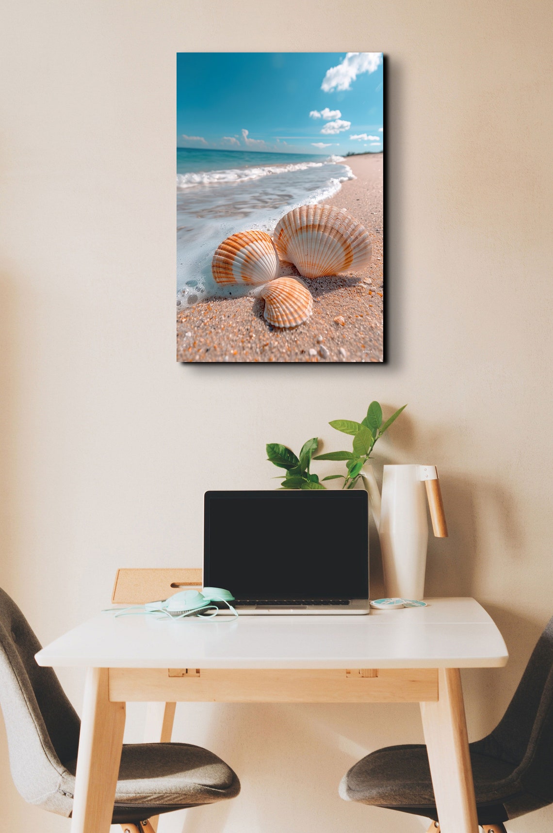 Three Scallop Seashells Arranged on Sand with Sea Foam Poster - Image 4