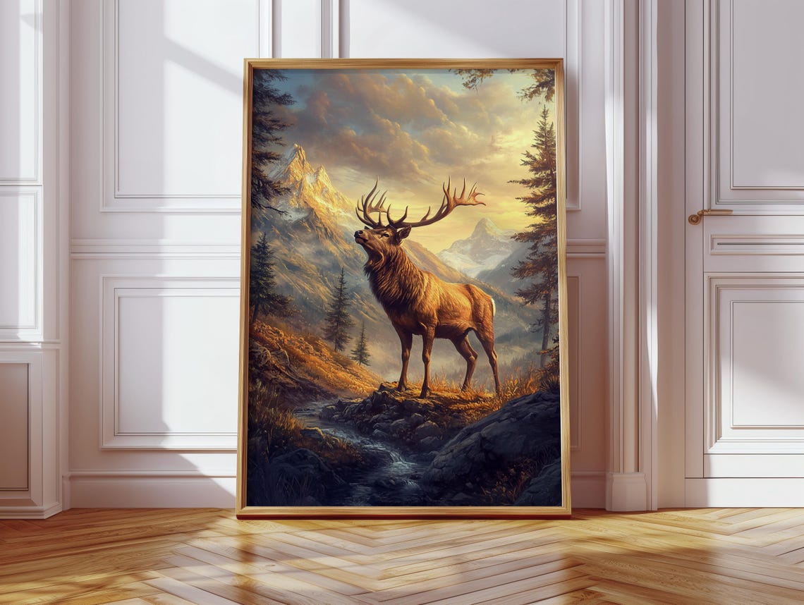 Bugling Elk on Mountain Ridge Golden Sunset Wildlife Art Poster - Image 3