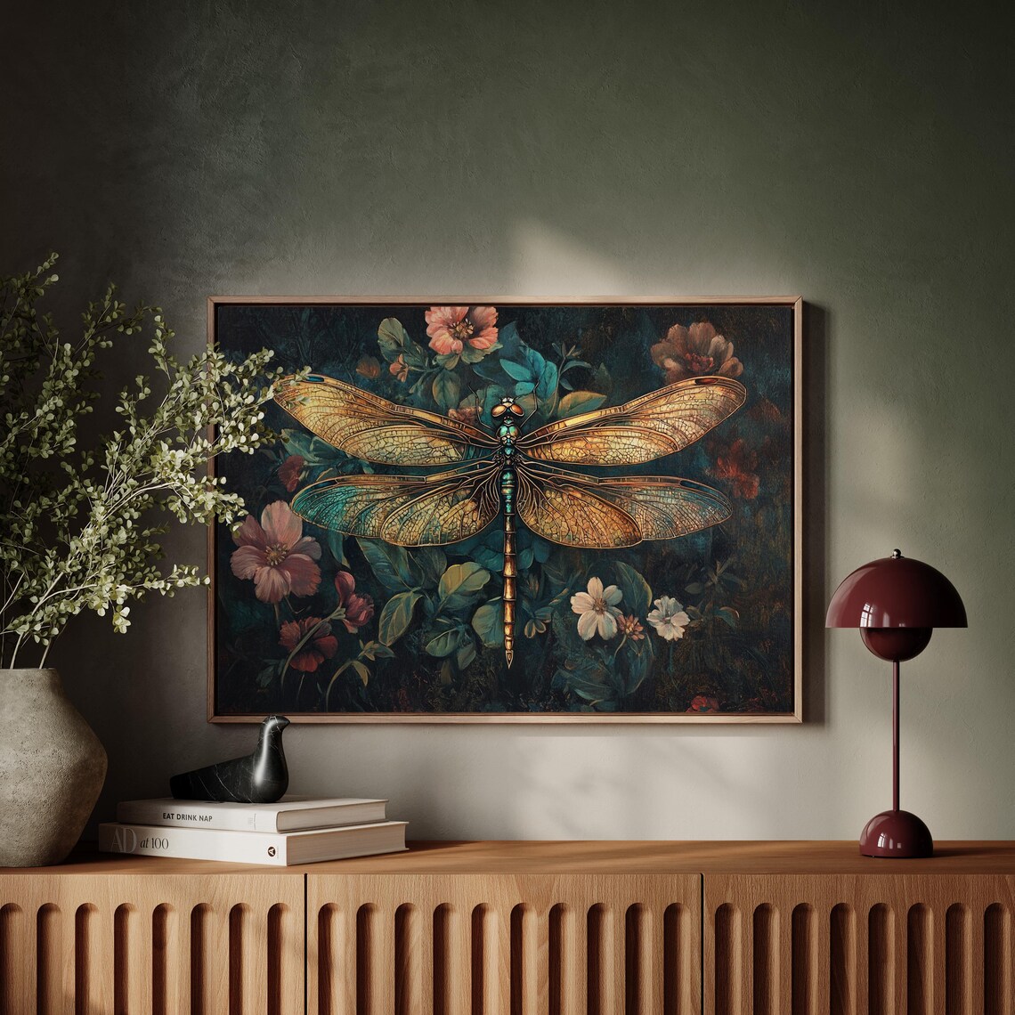 Golden Dragonfly on Dark Botanical Floral Background Vintage Art Poster - Image 4