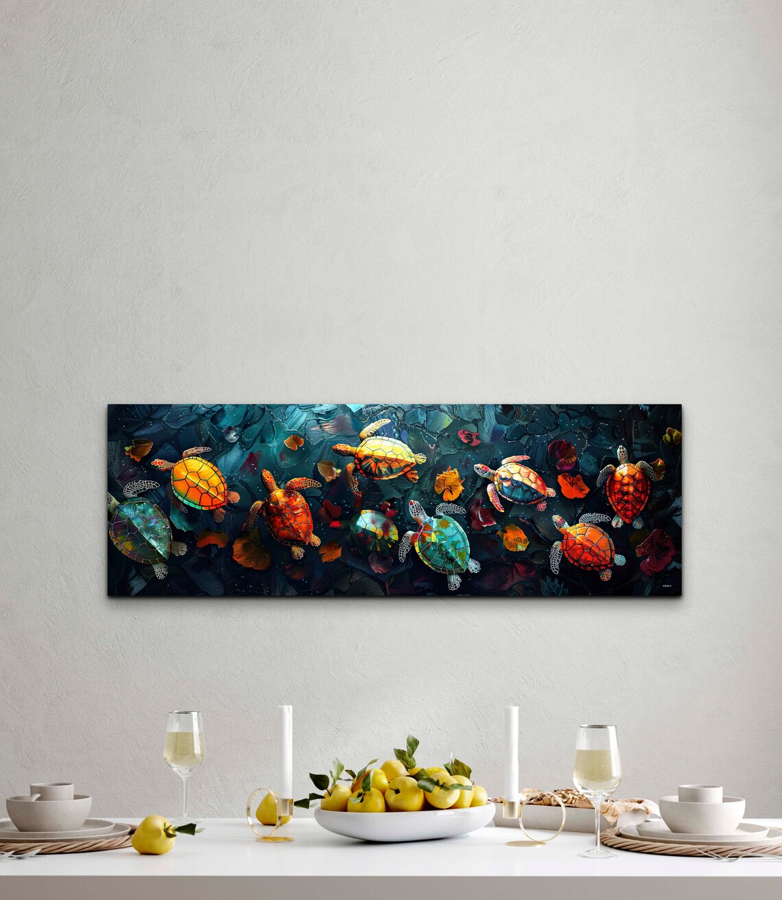 Colorful Painted Sea Turtles Top View Dark Ocean Water Poster - Image 3