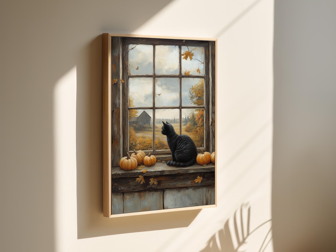 Autumn Cat By The Window, Rustic Farmhouse Art Print