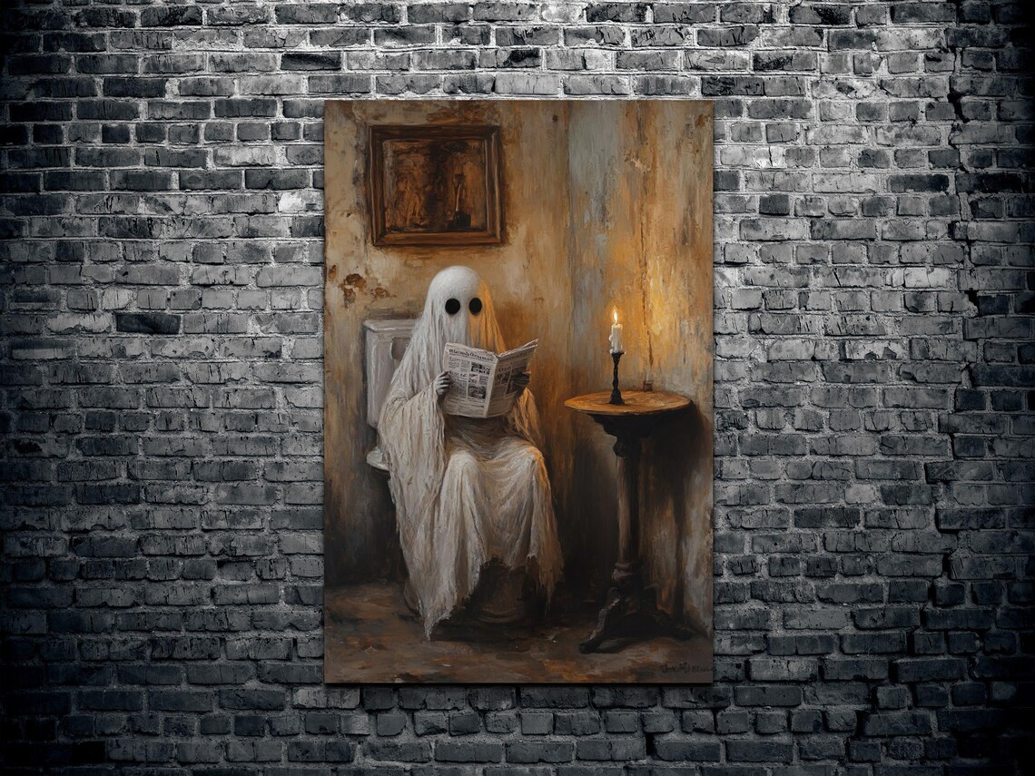 Cute Ghost on Toilet Reading Paper in a Candlelit Vintage Bathroom Poster - Image 2