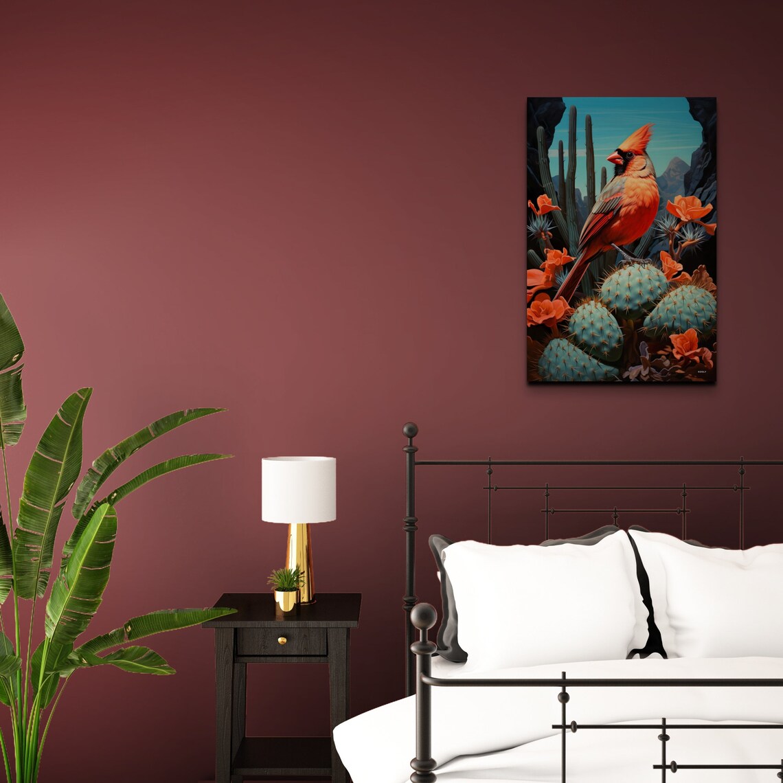 Male Northern Cardinal Perched on Cactus in the Desert Poster - Image 7