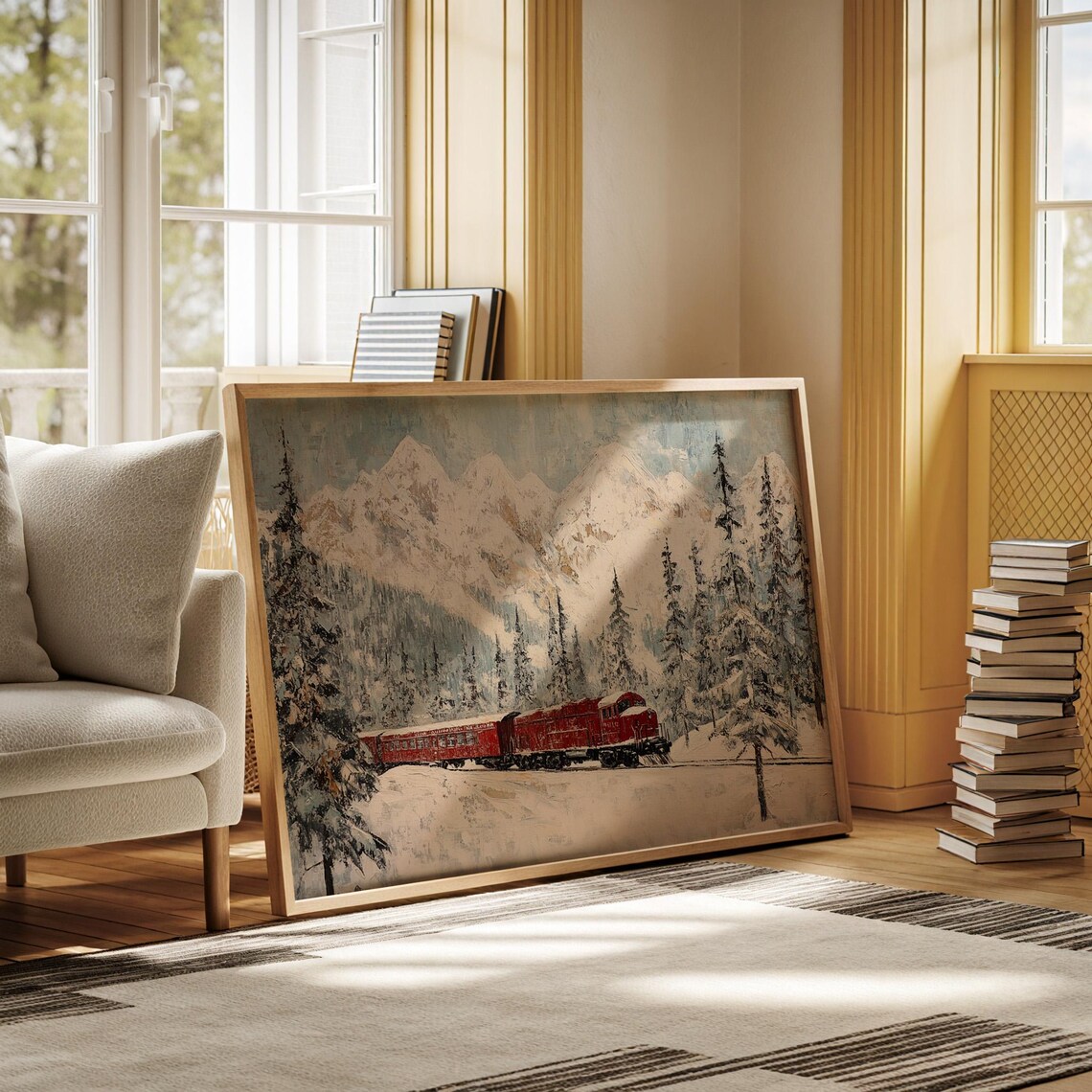 Red Locomotive Train In Snowy Alpine Winter Railway Wall Poster - Image 5