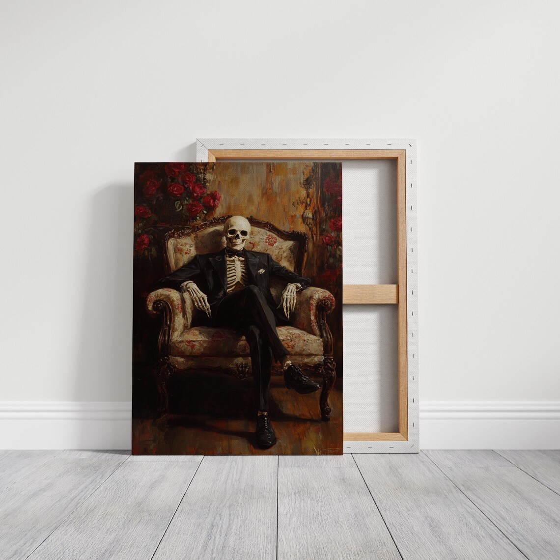 Dapper Skeleton in Tuxedo Seated on Ornate Victorian Chair Gothic Poster - Image 3