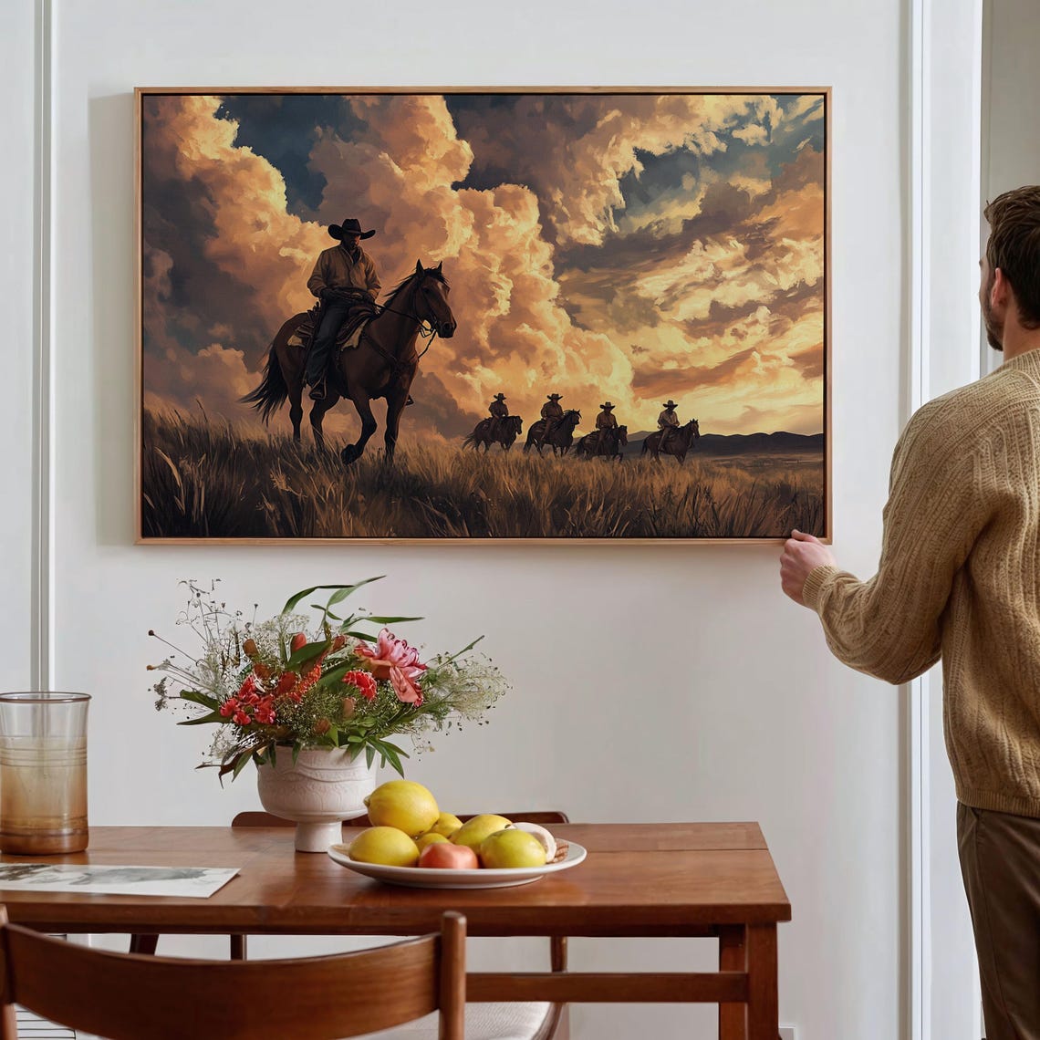 Cowboy Leading Riders Under Fiery Sunset Clouds Western Poster - Image 2