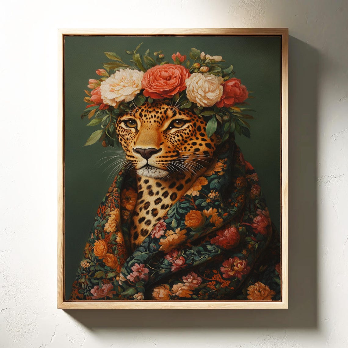 Majestic Leopard With Flower Crown And Floral Wrap Dark Green Poster - Image 7