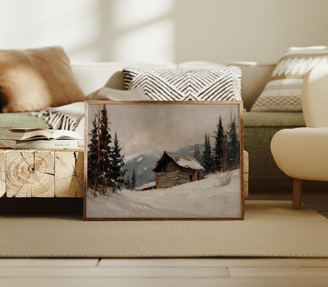 Rustic Log Cabin In Snowy Mountain Winter Landscape Painting Print