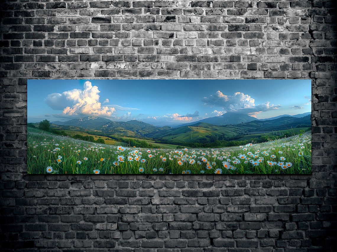 White Daisy Meadow Rolling Green Hills Mountains Dusk Panoramic Print - Image 2