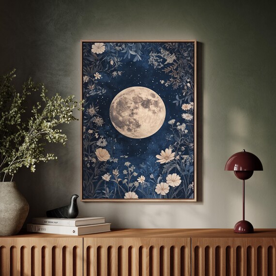 Full Moon Night Sky Wildflower Botanical Celestial Wall Poster