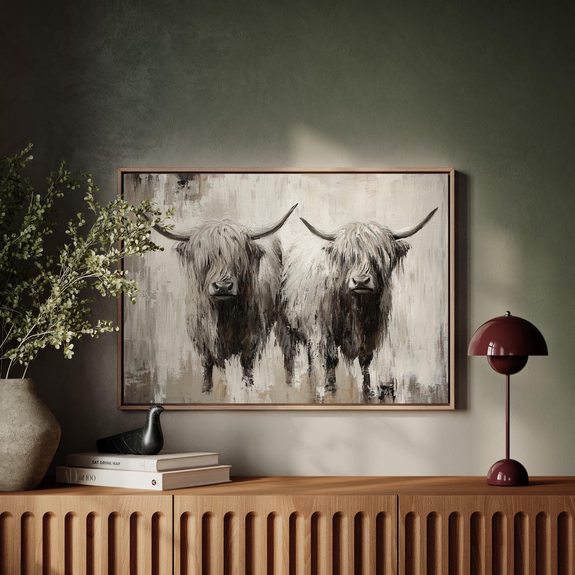 Highland Cows Pair Rustic Farmhouse Beige Oil Painting Poster - Image 5