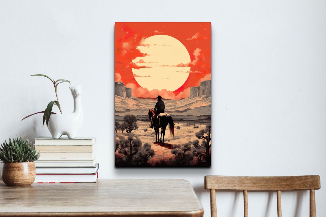 Cowboy Riding Into The Sunset Desert Giant Red Sun Scene Poster - Image 6