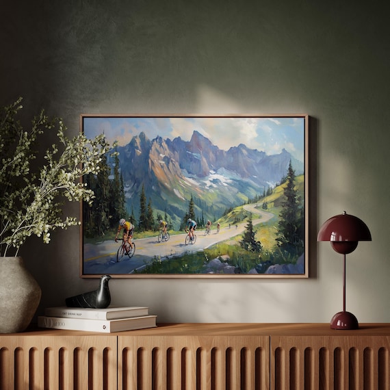 Cyclists Climbing the Winding Mountain Road Oil Painting Poster