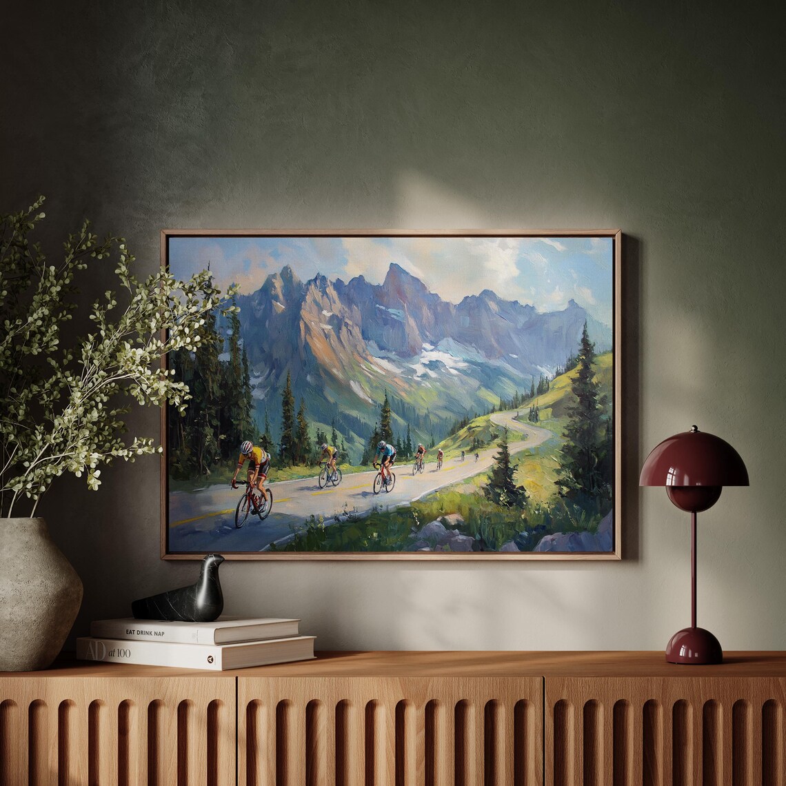 Cyclists Climbing the Winding Mountain Road Oil Painting Poster