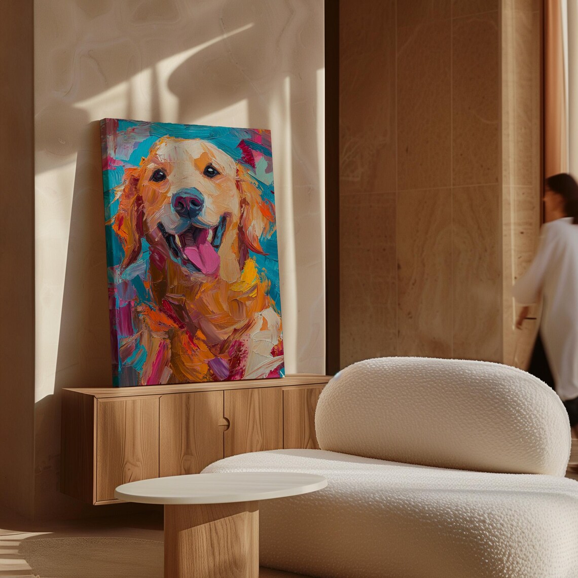 Golden Retriever Smiling Face Vibrant Textured Oil Painting Wall Art - Image 7