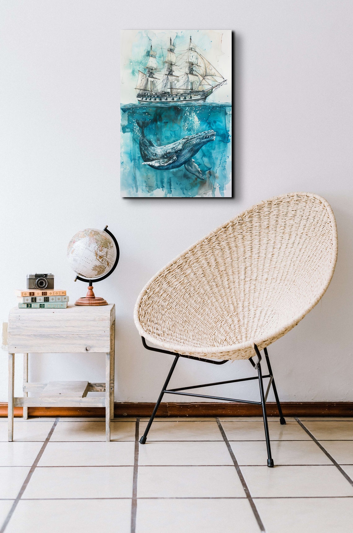 Whale Beneath Tall Sailing Ship Watercolor Ocean Nursery Poster - Image 4