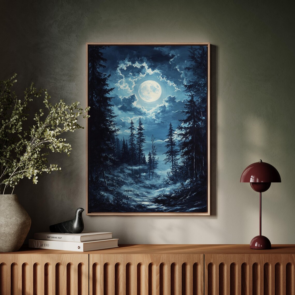 Ethereal Moonlit Forest Mystical Night Landscape With Full Moon Tall Pines And Serene Sky For Unique Wall Art Dcor - Image 2