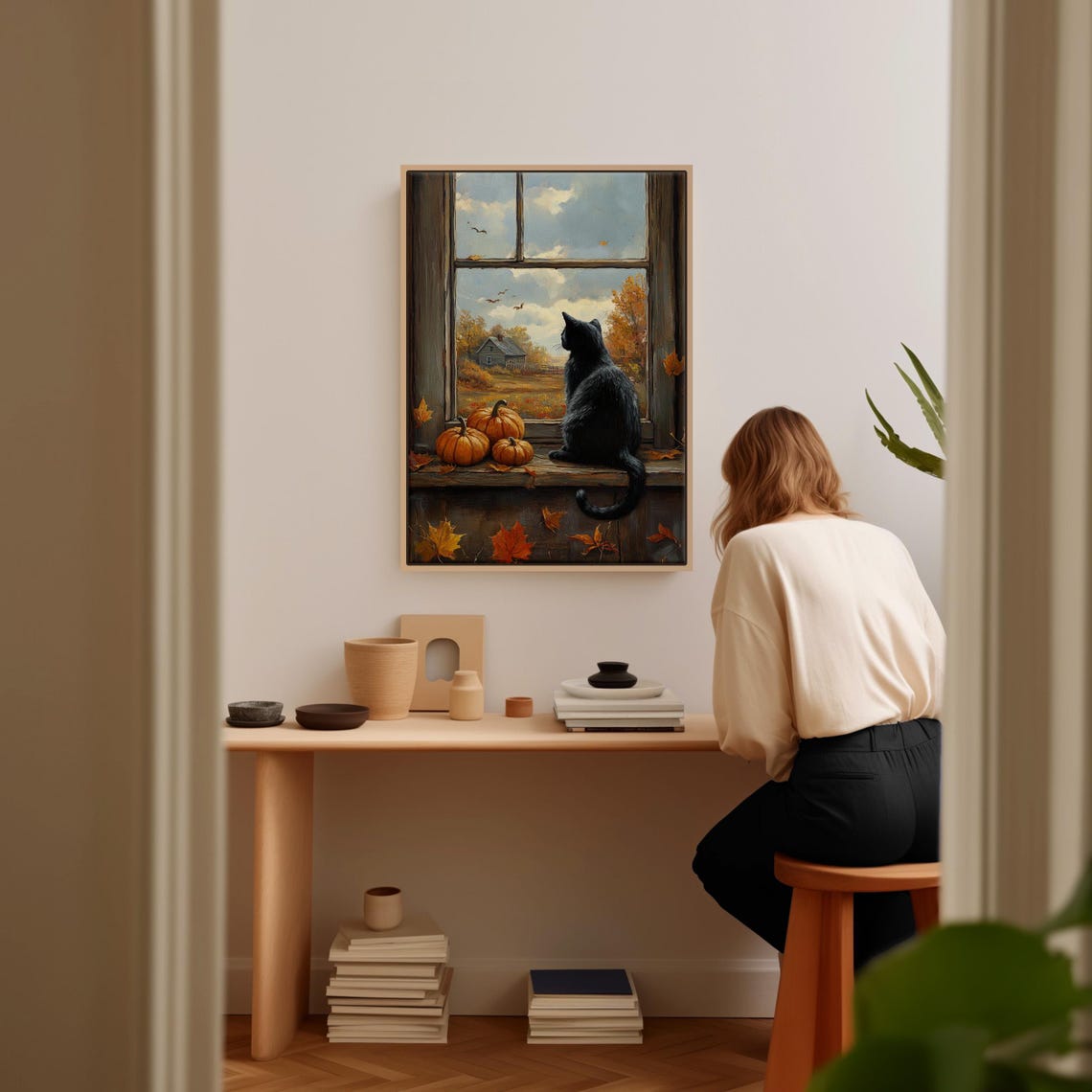 Autumn Black Cat and Pumpkins Rustic Window Scene Fall Poster - Image 4