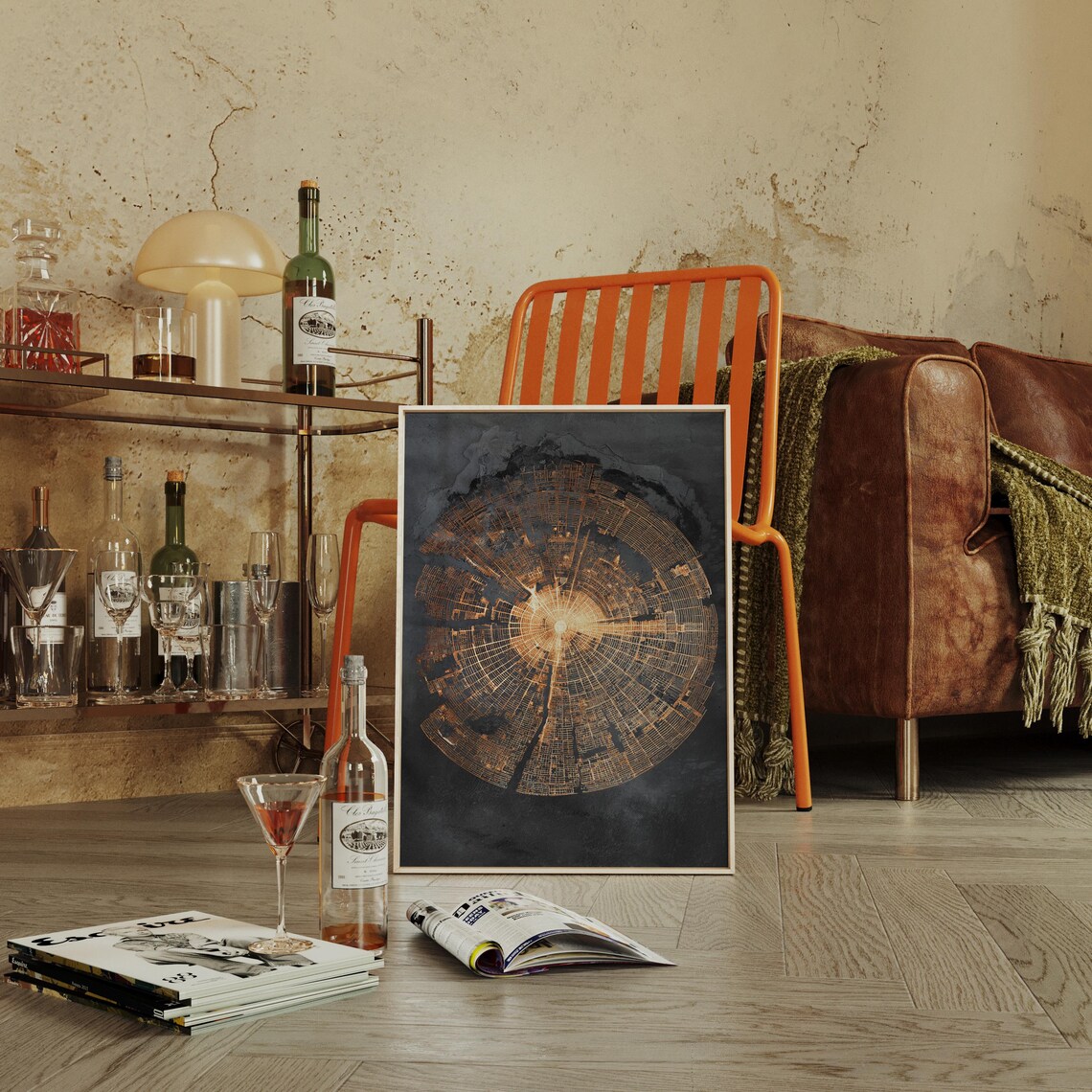 Golden Circular City Map, Travel Poster